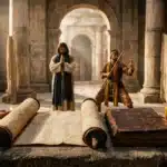 Deux figures étudient des manuscrits anciens dans un temple