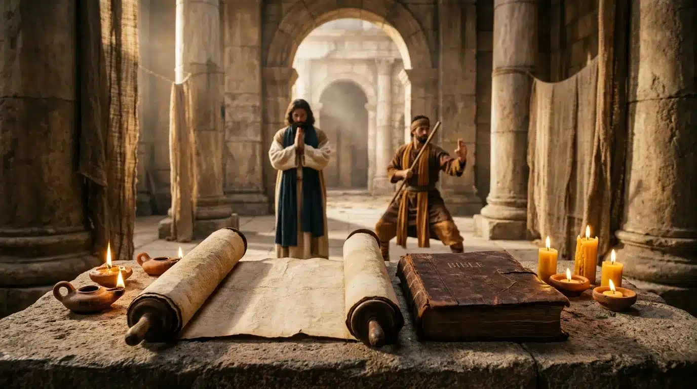Deux figures étudient des manuscrits anciens dans un temple