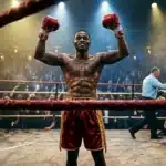 Boxeur victorieux avec les poings levés dans un ring