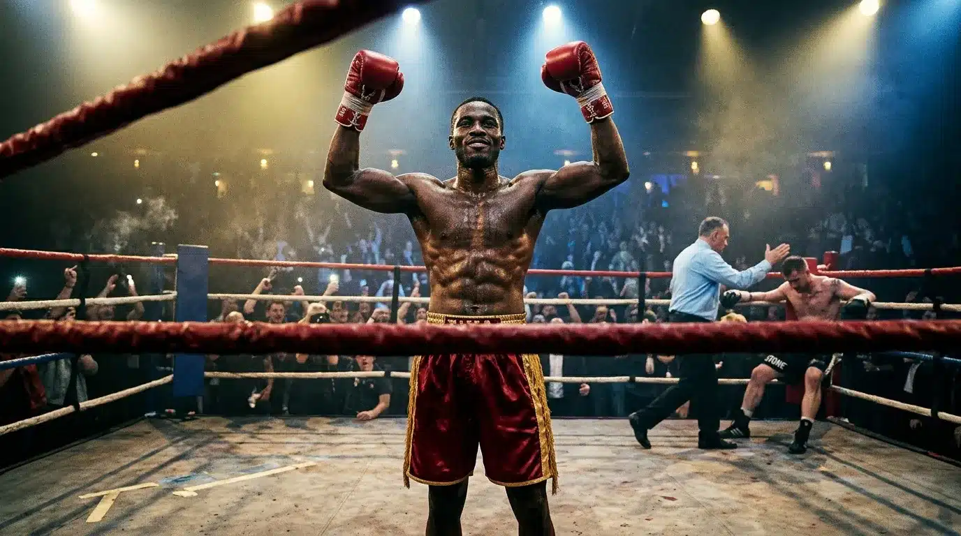 Boxeur victorieux avec les poings levés dans un ring