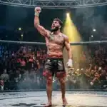 Combattant célèbre sa victoire dans un cage octogonale devant une foule.